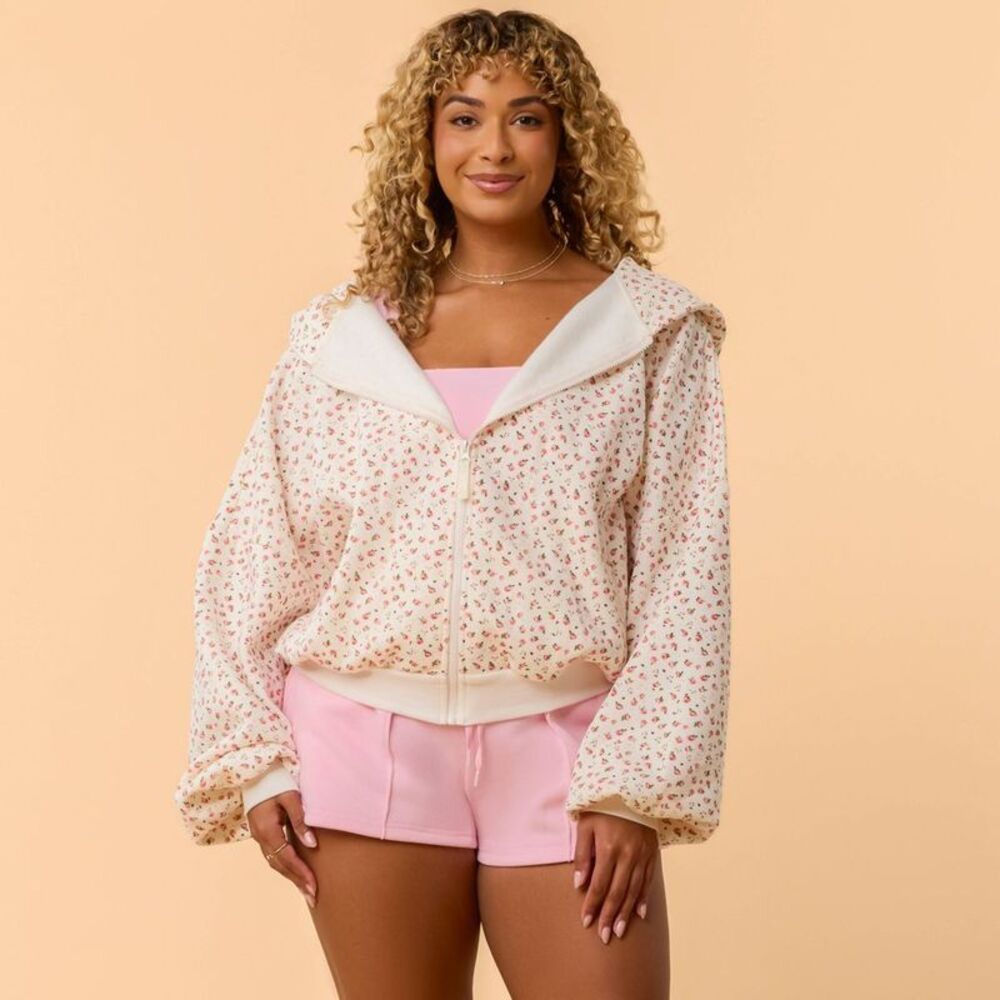 Women's Floral Zip-Front Hoodie Jacket - Cream with Pink Floral